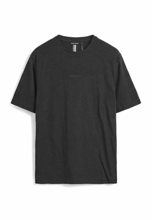 T-shirt nera a maniche corte con scollo tondo, con il logo "MORATO" ricamato in modo discreto sul petto e un'etichetta del marchio sul collo.