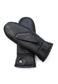 Schwarze Lederhandschuhe mit glatter Textur, ausgestattet mit einem gerafften Bündchen und einem dekorativen Druckknopfdetail. Klassisches Design für Wärme und Stil.