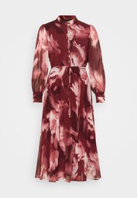 Bordeauxfarbendes Blumenkleid aus leichtem Stoff, mit langen Ärmeln, hohem Kragen, goldenen Knöpfen, plissiertem Rock und Kordelzug in der Taille.