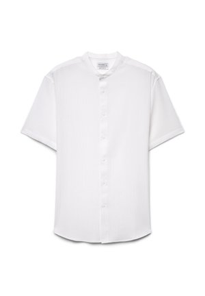 Weißes kurzärmeliges Hemd zum Zum-Knöpfen mit Stehkragen, leichtem, strukturiertem Stoff und regulärer Passform.