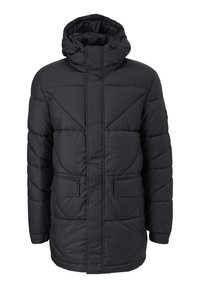 Chaqueta de abrigo negra con capucha, con diseño acolchado, dos bolsillos frontales, corte recto y puños elásticos para un ajuste ceñido.