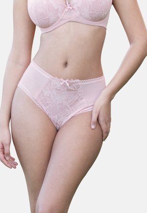 Light pink lace and satin high-waisted panties feature floral lace design, delicate trim, and a small bow accent at the front.