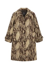 Wollmischungsoverall mit einem beige und braunem Schlangenprint, Reverskragen, Knopfverschluss und umgeschlagenen Ärmeln mit Knöpfen.