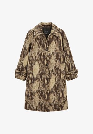 Wollmischungsoverall mit einem beige und braunem Schlangenprint, Reverskragen, Knopfverschluss und umgeschlagenen Ärmeln mit Knöpfen.