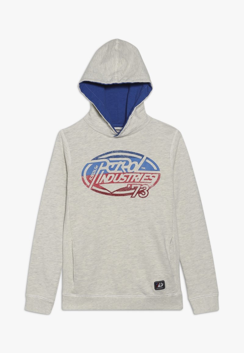 Sweat à capuche gris clair avec une doublure intérieure bleue, arborant un logo imprimé coloré en rouge et bleu. Tissu doux avec une coupe décontractée et des poches latérales.