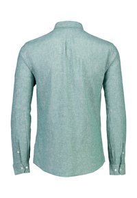 Camicia a maniche lunghe in verde chiaro, tessuto texturizzato con colletto button-down, piega sulla schiena e polsini con bottone. Design pulito, senza motivi.