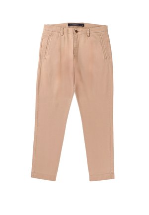 Pantaloni beige realizzati in tessuto liscio, con taglio classico, tasche frontali e chiusura con un singolo bottone in vita con passanti per cintura.