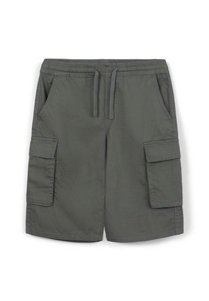 Pantaloni cargo grigi con vita elastica, cordoncino, due tasche laterali e due grandi tasche laterali. Realizzati in tessuto leggero con una texture liscia.