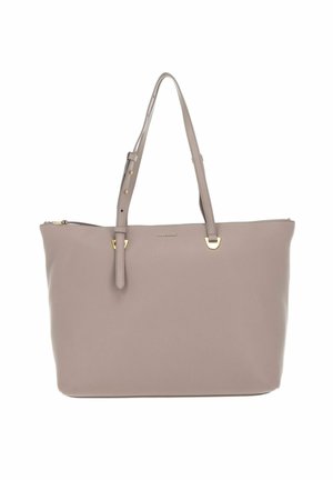 Sac cabas en cuir taupe avec bandoulières réglables, quincaillerie dorée et fermeture éclair sur le dessus.