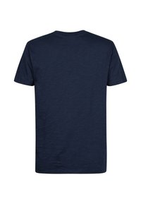 T-shirt bleu marine à manches courtes en tissu texturé, doté d'un col rond et d'un ourlet droit, sans motifs ni logos visibles.