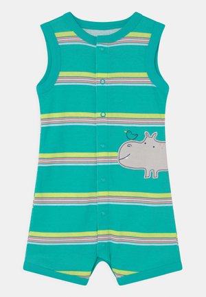 Grenouillère bébé sans manches turquoise avec des rayures jaunes, blanches et roses, boutons-pression devant, et une application hippopotame avec un oiseau sur le côté.