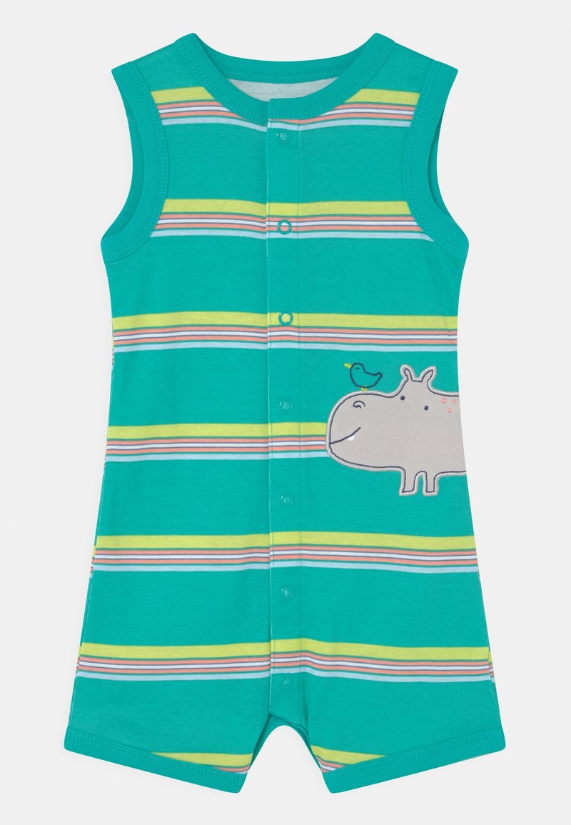 Grenouillère bébé sans manches turquoise avec des rayures jaunes, blanches et roses, boutons-pression devant, et une application hippopotame avec un oiseau sur le côté.