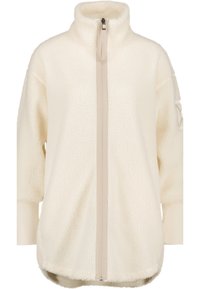 Giacca in pile color crema, con zip completa, colletto alto, maniche lunghe e una tasca sul braccio superiore sinistro con patta.