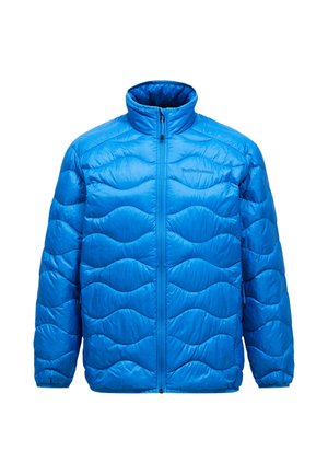 Blaue isolierte Jacke mit hohem Kragen, gestepptem Design mit wellenförmigen Mustern, durchgehendem Reißverschluss und elastischen Bündchen. Leicht und mit glatter Textur.