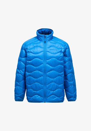 Blaue isolierte Jacke mit hohem Kragen, gestepptem Design mit wellenförmigen Mustern, durchgehendem Reißverschluss und elastischen Bündchen. Leicht und mit glatter Textur.