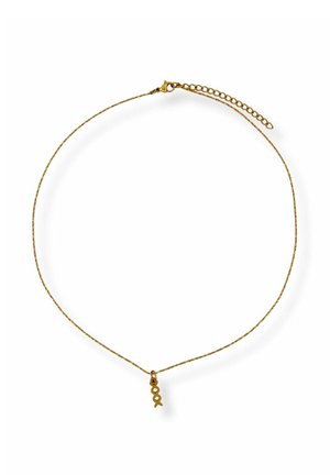 Delicate gold chain necklace with a small double helix DNA pendant and adjustable chain clasp on a white background.