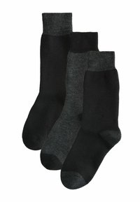 Tres pares de calcetines en negro y gris oscuro, con puños acanalados, textura suave, y talones y punteras reforzados para mayor durabilidad.
