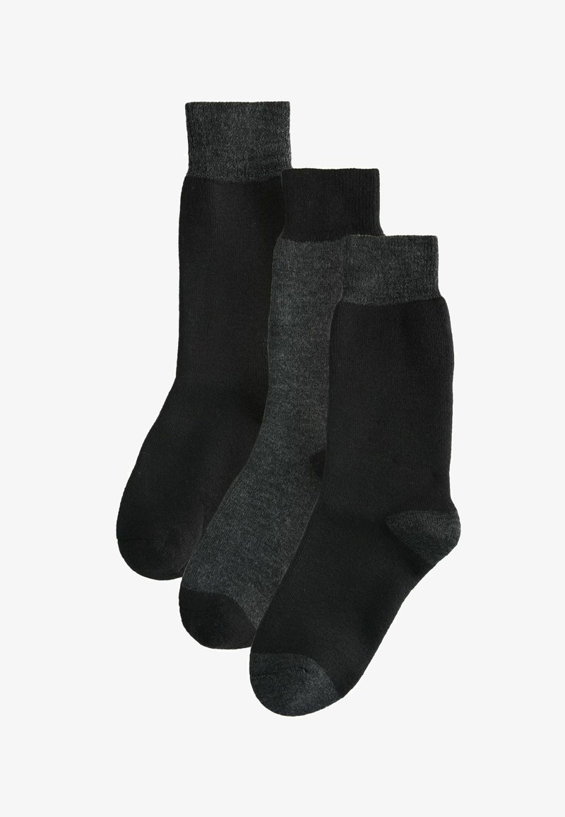 Tres pares de calcetines en negro y gris oscuro, con puños acanalados, textura suave, y talones y punteras reforzados para mayor durabilidad.