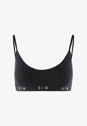 Sort bralette med justerbare tynde stropper, lavet af et glat stof. Har et bredt bånd med "DIM" logo trykt i hvidt.