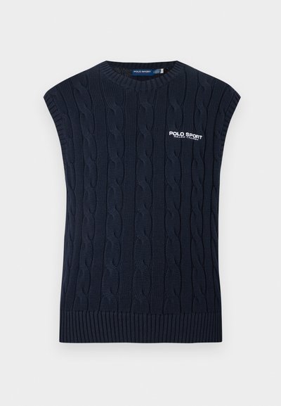 Στελεχωμένο μπλε πουλόβερ χωρίς μανίκια με πλεκτό μοτίβο, στρογγυλή λαιμόκοψη, ριμπ τελείωμα και λευκό λογότυπο Polo Sport Ralph Lauren στο στήθος.
