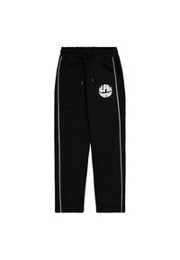 Schwarze Sweatpants mit weißen Seitenstreifen und einem runden "ALPHA INDUSTRIES" Logo auf dem linken Oberschenkel. Elastischer Bund mit Kordelzug.