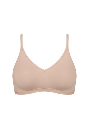 Világos bézs vezeték nélküli melltartó puha, rugalmas anyagból. Háromszög alakú kosár és keskeny, állítható pántok jellemzik.