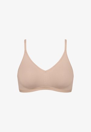 Világos bézs vezeték nélküli melltartó puha, rugalmas anyagból. Háromszög alakú kosár és keskeny, állítható pántok jellemzik.