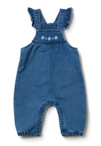 Denim-Latzhose mit Rüschenträgern, blauer Farbe, gesticktem Blumenmotiv auf der Brust und elastischen Beinöffnungen für Komfort.