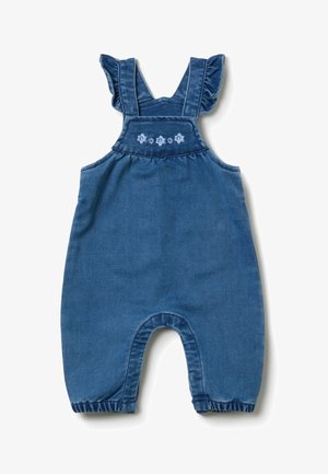 Denim-Latzhose mit Rüschenträgern, blauer Farbe, gesticktem Blumenmotiv auf der Brust und elastischen Beinöffnungen für Komfort.