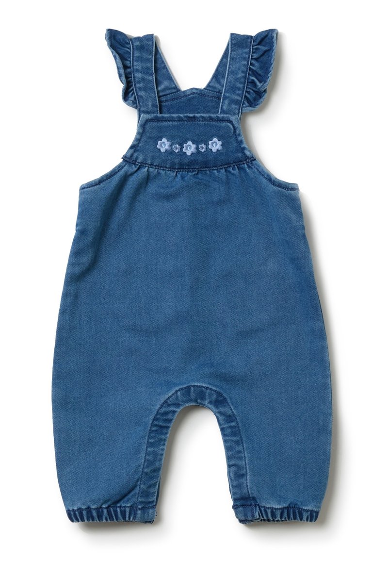 Denim-Latzhose mit Rüschenträgern, blauer Farbe, gesticktem Blumenmotiv auf der Brust und elastischen Beinöffnungen für Komfort.