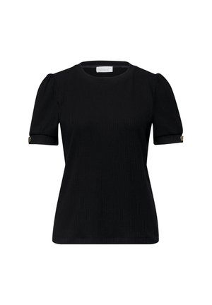 Haut noir côtelé à manches courtes bouffantes avec boutons aux poignets, encolure ronde et ourlet droit.