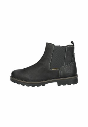 Bota Chelsea de cuero negro con paneles laterales elásticos y acentos texturizados, que presenta una suela robusta con surcos para una mejor tracción.