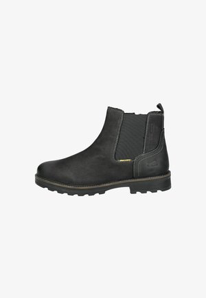 Zwarte leren Chelsea-boot met elastische zijpanelen en textuuraccenten, voorzien van een robuuste zool met groeven voor betere grip.