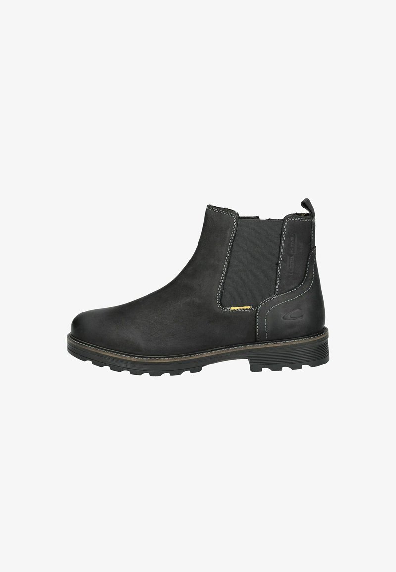 Stivale Chelsea in pelle nera con pannelli elastici laterali e dettagli testurizzati, dotato di suola robusta con scanalature per una migliore aderenza.