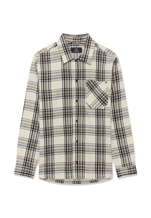 Košulja s dugim rukavima u kremasto flanelu s crnim, plavim i smeškim kariranim uzorkom. Ima džep na grudima i smeđe dugmadi.
