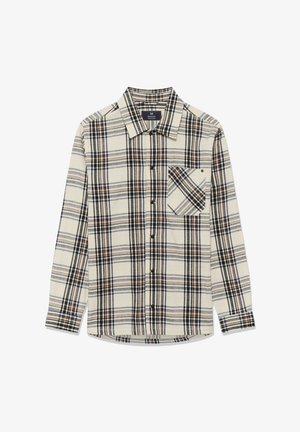 Overhemd met knoopsluiting in crème flanel met een zwart, blauw en bruin ruitpatroon. Voorzien van een borstzak en bruine knopen. Lange mouwen.