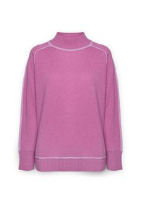 Maglione rosa con collo alto, caratterizzato da una texture a coste. Include cuciture in un rosa chiaro a contrasto e maniche larghe e larghe.