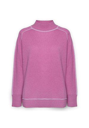 Jersey rosa con cuello alto, que presenta una textura acanalada. Incluye costuras en rosa claro contrastante y mangas sueltas y anchas.