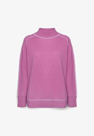 Jersey rosa con cuello alto, que presenta una textura acanalada. Incluye costuras en rosa claro contrastante y mangas sueltas y anchas.