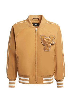 Gelbe Bomberjacke mit Reißverschluss, gerippten Bündchen und gestreiften Akzenten. Sie verfügt über ein gesticktes Panther-Patch und einen weichen, glatten Stoff.