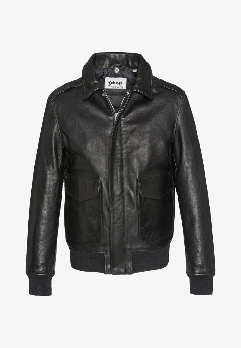 Black leather bomber jacket with front zipper, two flap pockets, ribbed cuffs and hem, and a fold-down collar.