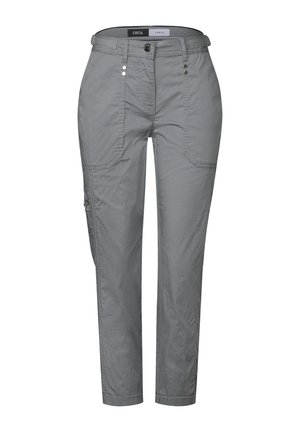 Light gray pants made of smooth fabric with a tailored fit. Features a button and zip closure, side pockets, and decorative hardware accents.