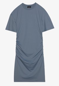 Abito a maniche corte, dal fit morbido, in morbido tessuto blu con dettaglio arricciato sui lati. Il collo a giro e la texture liscia valorizzano il design casual.