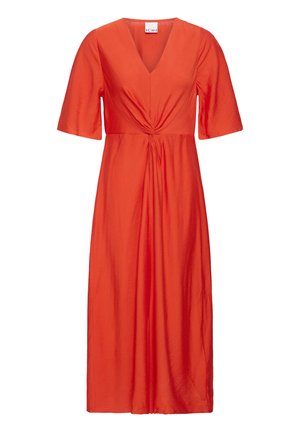 Rotes Midikleid mit V-Ausschnitt, kurzen weiten Ärmeln und gedrehtem Knotendetail an der Taille.
