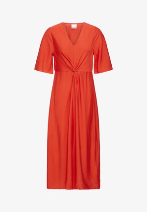 Red midi dress with V-neck, short wide sleeves, and twisted knot detail at the waist.