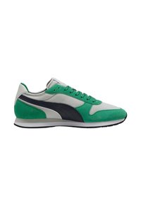 Zapatillas deportivas en verde y gris con un upper de gamuza texturizada y malla, diseño de cordones y suela de goma blanca con acentos negros.