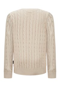 Cremfarbener Strickpullover mit Zopfstrickmuster, langen Ärmeln, gerippten Bündchen und Saum. Der Rücken ist sichtbar, ohne zusätzliche Details.