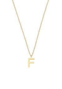 Collar de cadena de oro con un colgante en forma de letra "F" centrado sobre un fondo blanco.