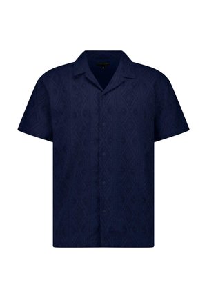 Marineblauw overhemd met korte mouwen, knoopsluiting, subtiel diamantpatroon en campkraag, maat medium.