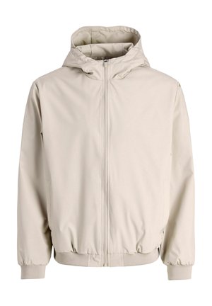 Svetlo bež kapucar z zadrgo spredaj, z elastičnimi manšetami in spodnjim robom; ima gladek, mat tkanino z enostavno zasnovo.